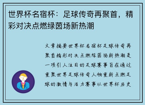 世界杯名宿杯：足球传奇再聚首，精彩对决点燃绿茵场新热潮